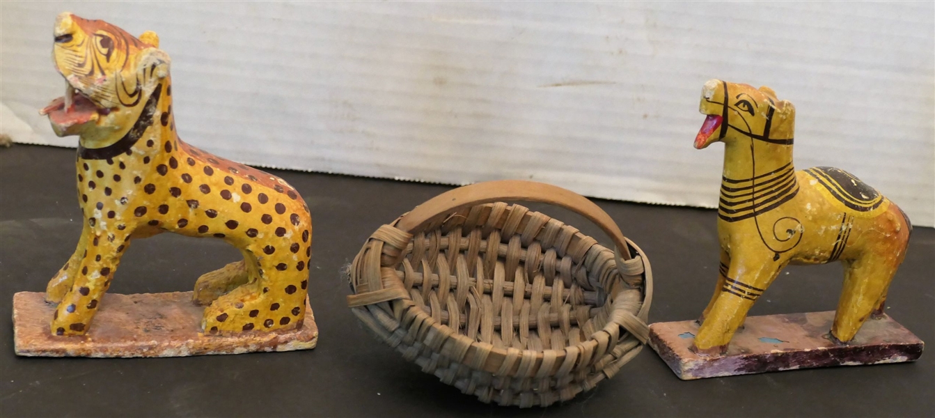 Wood Carved Cheetah, Wood Carved Camel, and Small Handmade Oak Split Basket - Cheetah Measures 4 1/4" Tall 