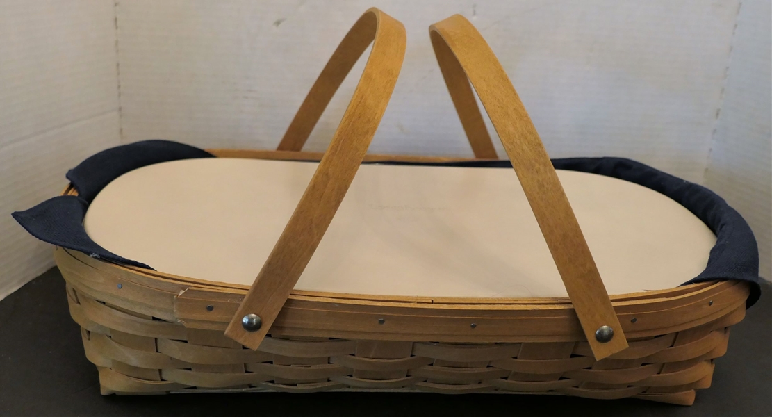 2008 Longaberger Basket with Plastic Lidded Liner and Navy Cloth Insert - Measures 19" by 13" 