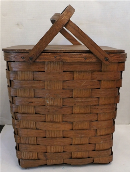 Vintage Taller Lidded Basket with Double Handles - Measures 12" tall 13" by 11"