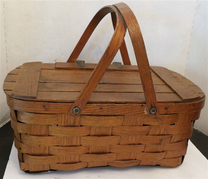 Vintage Oak Picnic Basket with Lift Top Lid - Measures 8" tall 18" by 10"