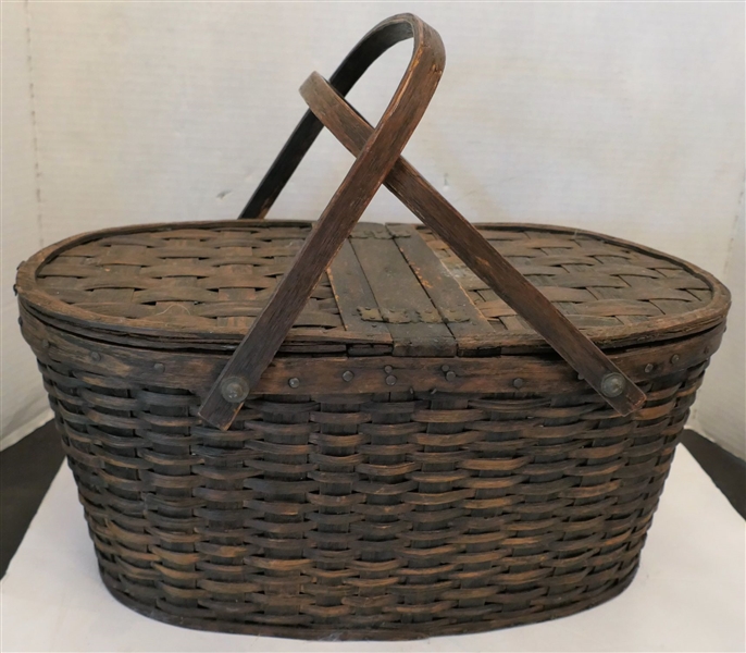Early Wooden Sewing / Picnic Basket - Measures 8" tall 16" by 9" 