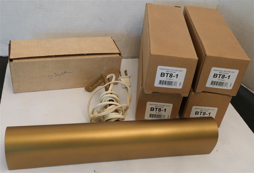 6 New Picture Lights in Original Boxes - 4 - 8 Inch Gold Lights, 1 8 Inch Silver Light, and 1 14 Inch Double Light 