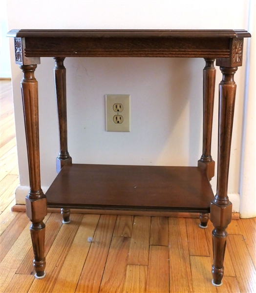 2 Tier Table - Floral Carved Details at Reeded Tegs - Measures 25" Tall 22" by 14" 