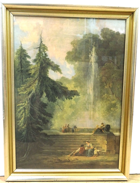 Beautiful Framed NYGS (New York Graphics Society)  - Print - People With Stairs and Evergreen Trees - Nice Silver and Gold Frames - Frames Measure - 32" by 23 1/2" 