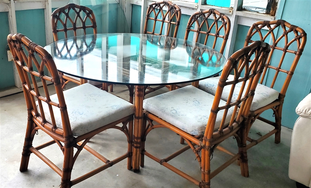 Rattan Wicker Glass Top Dining Table and 6 Matching Chairs - Chairs Have Some Areas Where The Wrapping Is Loose - See Photos 
