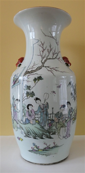 Large Antique Chinese Vase - Scene on Front and Writing on Reverse - Orange Foo Dog Handles - Measures 16 1/4" Tall 