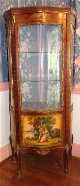 Beautiful French Display Cabinet - Hand Painted Courting and Pastoral Scenes - Glass Shelves - Plexiglass Door and Sides - Measures 60" Tall 24" by 15"