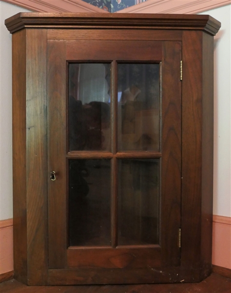 Nice Walnut Hanging Corner Cupboard - 4 Pane Door  -Well Constructed with Finished Top -  Measures 28" tall 24" by 12" 