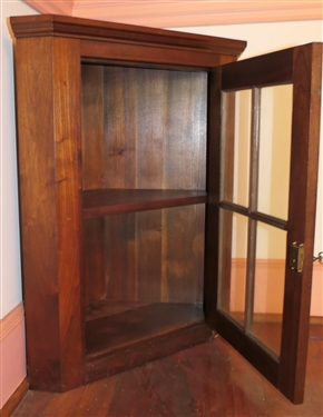 Nice Walnut Hanging Corner Cupboard - 4 Pane Door  -Well Constructed with Finished Top -  Measures 28 tall 24 by 12 
