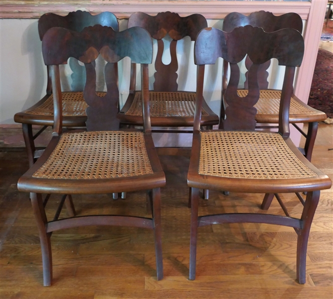 5 Burl Walnut Cane Bottom Side Chairs  - Good Cane Seats - Some Minor Veneer Loss on 2 Chairs
