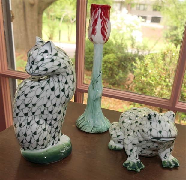 Andrea by Sadek Hand Painted Cat and Frog, and Made in Italy Tulip Candle Stick -  Cat Measures 7 1/2" tall 