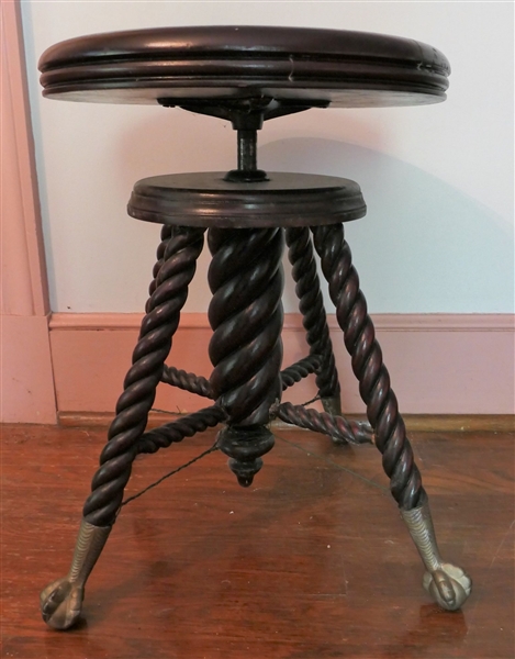 Ball and Claw Foot Piano Stool - Twisted Legs - Measures 19 Tall 14" Across