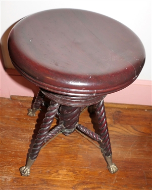 Ball and Claw Foot Piano Stool - Twisted Legs - Measures 19 Tall 14 Across