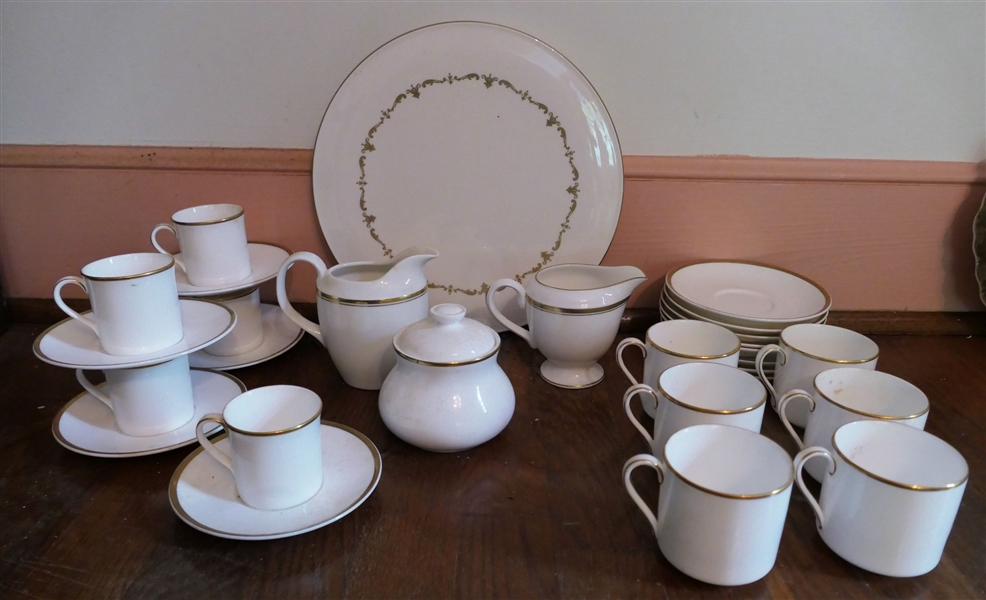 28 Pieces of White and Gold China - Royal Doulton "Alice" Cups, Saucers, Cream, Sugar, and Demitasse Cups and Royal Worcester Cake Plate Measuring 11" Across
