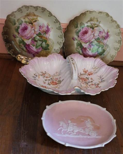 Collection of Hand Painted and Other China including 2 Bavaria Plates with Roses, Germany Double Sided Basket, and Pink Jasperware Dish with Chariot -Basket Measures 14" by 10 1/2"  