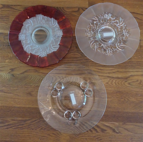 3 Glass Platters - Fruit With Satin Trim, Fruit with Cranberry Trim, and Clear with Round Feet - Cranberry Platter Measures 14" Across
