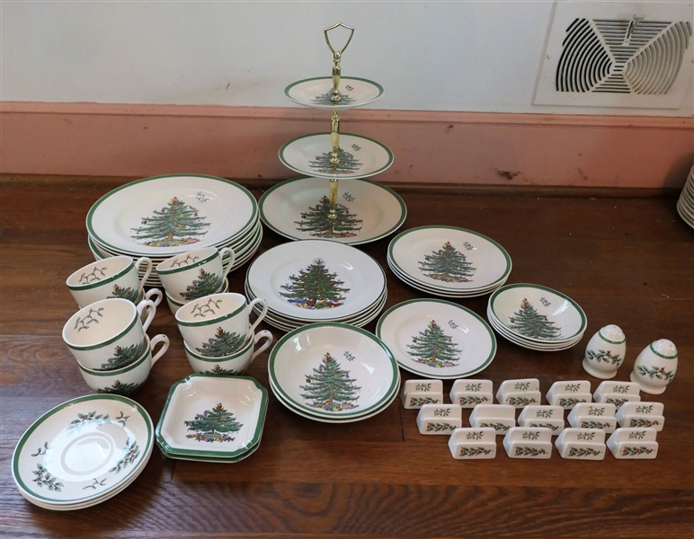 53 Pieces of Christmas China including Spode "Christmas Tree" China - Dinner Plates, Salad Plates, Tid Bit Tray, Ash Trays, Salt and Pepper Shakers, Bowls, and Culbertson "Christmas Tree" China and...