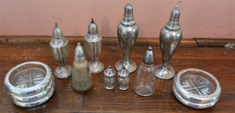 Pair of NS Sterling Silver Salt & Pepper Shakers, Pair of Weighted Sterling Silver Salt & Pepper Shakers, Pair of Sterling Silver Individual Shakers, and 5 Sterling Silver Rimmed Coasters