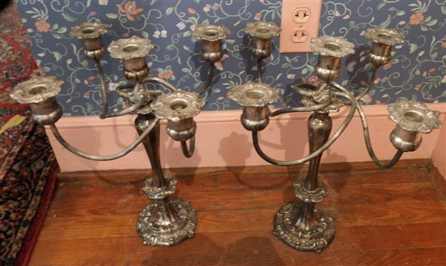 Pair of Heavy Silverplated 5 Light Candelabras - Measuring 16 Tall 14 Across
