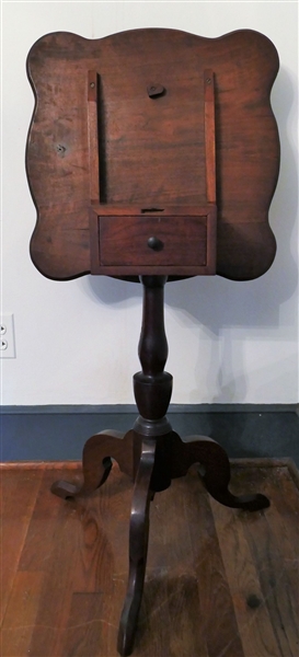 Unusual Walnut Tilt Top Tea Table With Drawer - Dovetailed Center - Slipper Feet - Scalloped Top - Measures 28" tall 19 1/2" by 19 1/2"