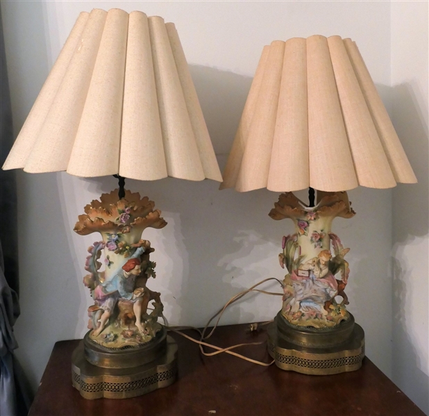BROKEN - Pair of Porcelain Figural Lamps - Man and Woman - Metal Pierced Gallery Bases - Measuring 20" To Bulb