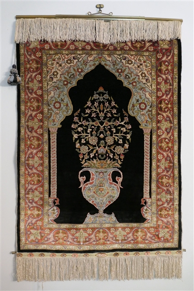 Beautiful Hand Made Finely Woven Silk  Prayer Rug - Navy and Cream with Urn Design  - Measuring 37" by 25 1/2" 