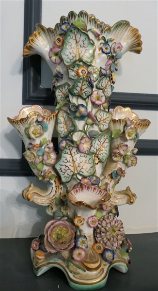 Beautiful French / German Floral Porcelain Epergne Vase - Applied Porcelain Flowers -Bright Vibrant Colors - Some Minor Flower Damage - Measures 15 1/2" Tall