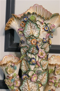 Beautiful French / German Floral Porcelain Epergne Vase - Applied Porcelain Flowers -Bright Vibrant Colors - Some Minor Flower Damage - Measures 15 1/2 Tall