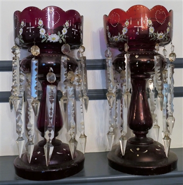 Pair of Ruby Red Enamel Painted Candle Lusters - Large Crystal Prisms - Each Luster Measures 14 1/4 Tall 6 1/2 Across