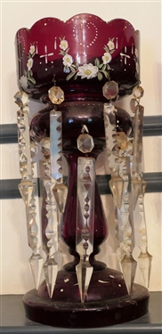 Pair of Ruby Red Enamel Painted Candle Lusters - Large Crystal Prisms - Each Luster Measures 14 1/4 Tall 6 1/2 Across