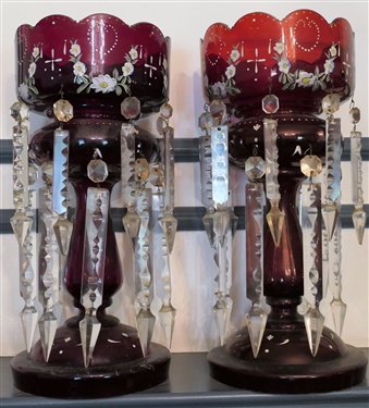 Pair of Ruby Red Enamel Painted Candle Lusters - Large Crystal Prisms - Each Luster Measures 14 1/4 Tall 6 1/2 Across