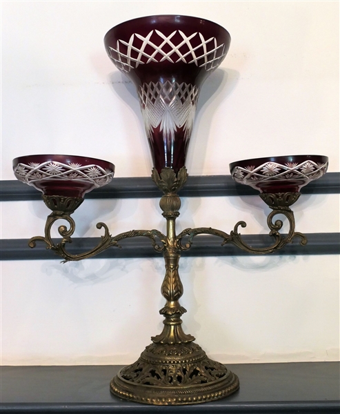 Ruby Red Bohemian Cut To Clear Epergne - Measuring 17" tall 15" Across