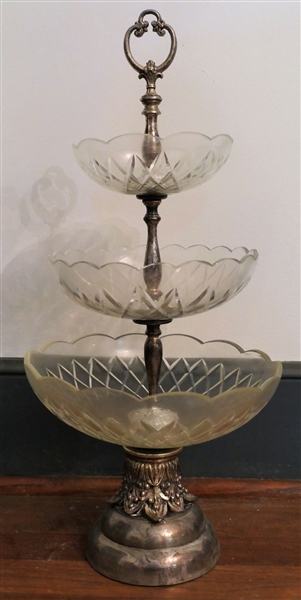 Nice 3 Tier Crystal and Silver Plate Center Piece - Measuring 21" tall 10" Across