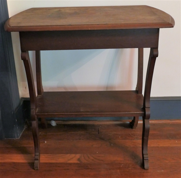 Walnut 2 Tier Table with Drawer - Top Surface Has Wear - Table Measures 27" tall 28" by 17 1/2"