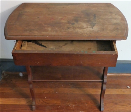 Walnut 2 Tier Table with Drawer - Top Surface Has Wear - Table Measures 27 tall 28 by 17 1/2
