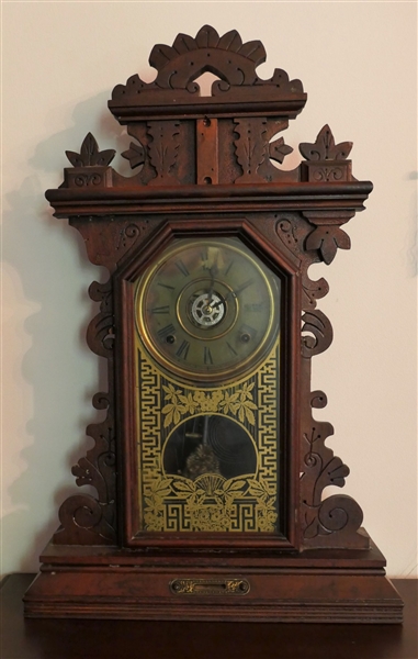Fancy Walnut "Pansy" Alarm Mantle Clock - with Key and Fancy Pendulum -Original Finish - Measuring 24" Tall 15 1/2" across