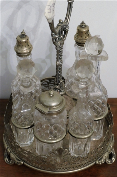 Victorian Castor Set - Fancy Silverplate Holder - 6 Glass Bottles - Some Minor Chips to Bottles - See Photos