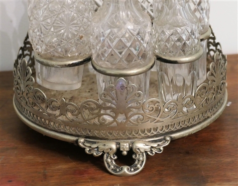 Victorian Castor Set - Fancy Silverplate Holder - 6 Glass Bottles - Some Minor Chips to Bottles - See Photos