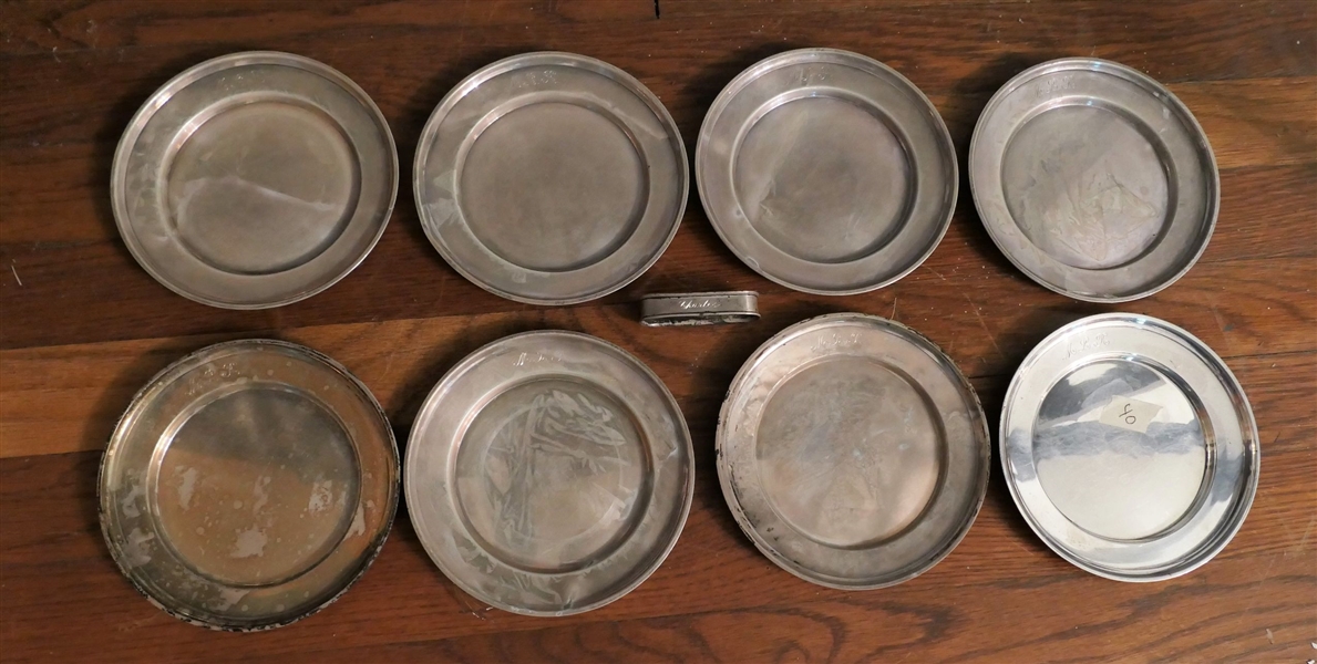 8 Sterling Silver Bread Plates - All Marked 333S and Monogrammed M.L.R. and Sterling Silver Napkin Ring Engraved "Charles" - Each Plate Measures 6" Across