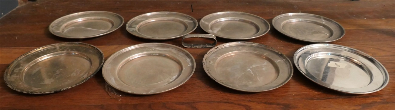 8 Sterling Silver Bread Plates - All Marked 333S and Monogrammed M.L.R. and Sterling Silver Napkin Ring Engraved Charles - Each Plate Measures 6 Across