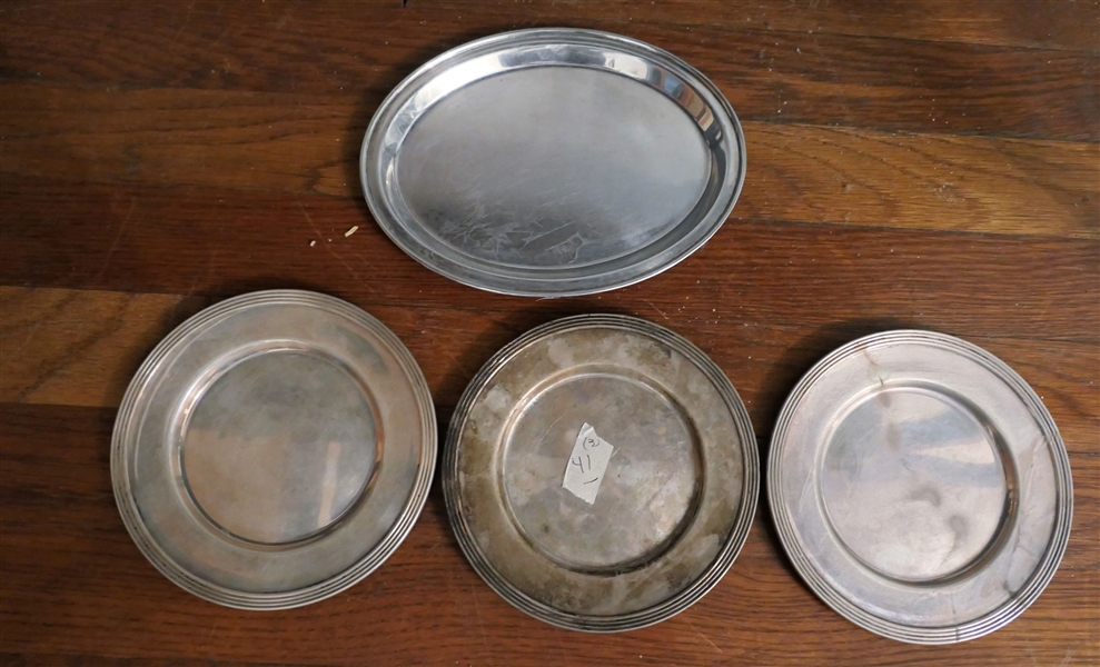4 Sterling Silver Plates - 3 With Ribbed Trim Measuring 6" and 1 Small Oval Plate Measuring 8" by 6"