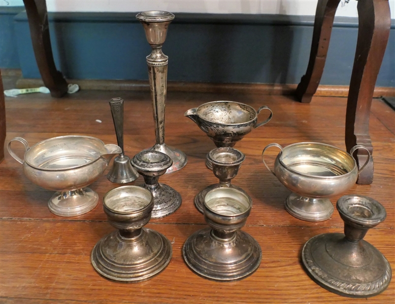10 Pieces of Weighted Sterling Silver including Candle Sticks, Cream & Sugar, 8" Candle Stick, Sterling Handled Bell, 