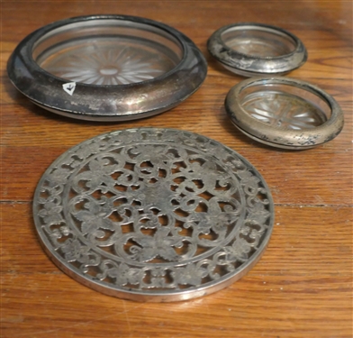 2 Sterling Silver Rimmed Coasters, 1 Sterling Silver Rimmed Wine Coaster, and Sterling Silver Overlay Hot Plate