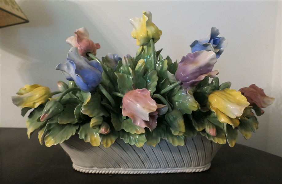 Made in Italy Ceramic Flowers in Oval Basket - Large Tulip Flowers  - Measures - 11" tall 20" Long