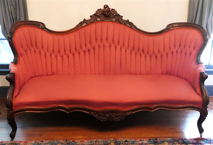 Ornately Carved Rosewood Victorian Settee - Button Tufted Back - Rose Colored Upholstery - Very Fancy - Measures 45" tall 76" by 24" 