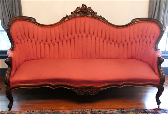 Ornately Carved Rosewood Victorian Settee - Button Tufted Back - Rose Colored Upholstery - Very Fancy - Measures 45 tall 76 by 24 