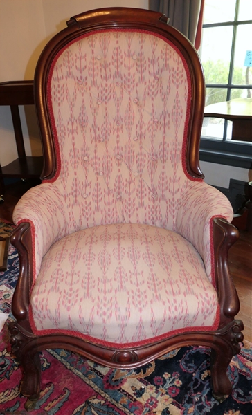 Rosewood Parlor Chair - Tan and Rose Colored Patterned Upholstery - Measures 43" Tall 25" by 20" 