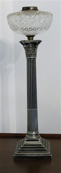 Messengers Banquet Oil Lamp -Metal  Column Style Base -  - Missing Burner - Lamp Measures 23" tall 