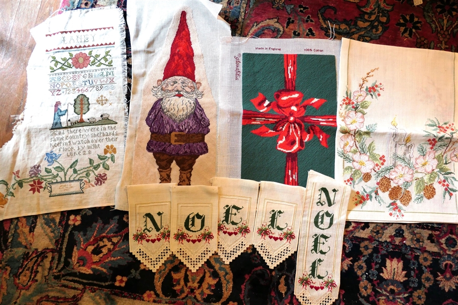Group of Christmas Themed Hand Stitched Needleworks Including "Laney" Stocking, Candle Table Runner, Gnome,  NOEL Banner, and Needlework Present
