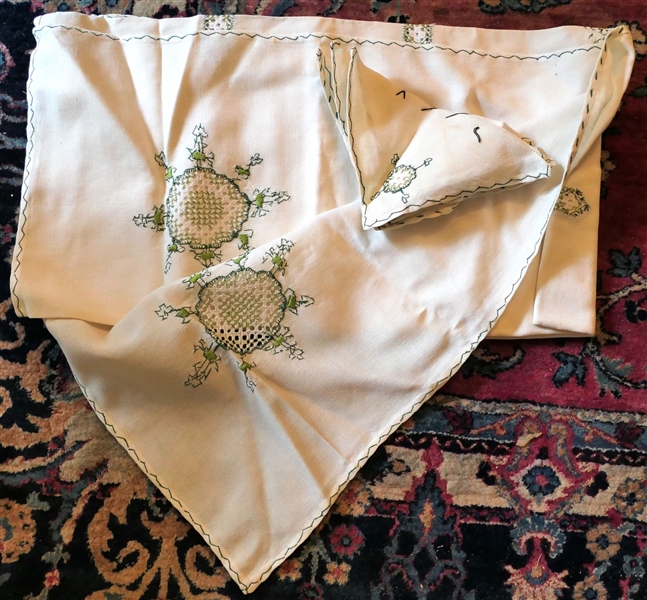Hand Embroidered Linen Table Cloth and Napkins  - Green Medallion Pattern 
